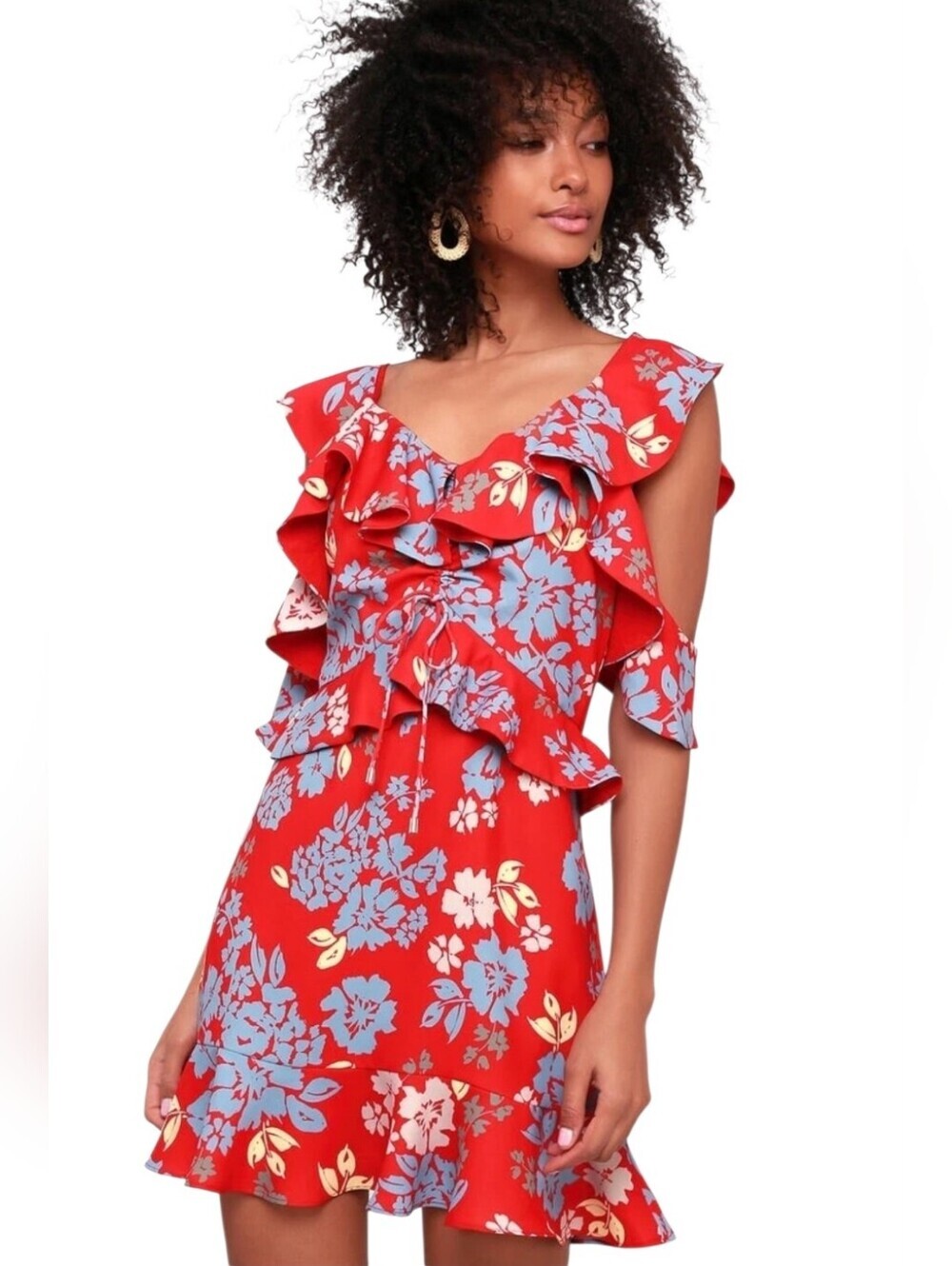 C/MEO Collective Red Floral Ruffled Mini Dress